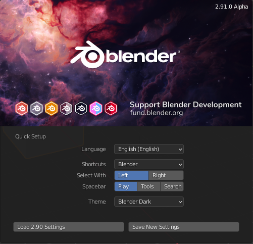 Blender Quick Setup Splashscreen that gets displayed on first startup, showing Language, Shortcut and Theme options